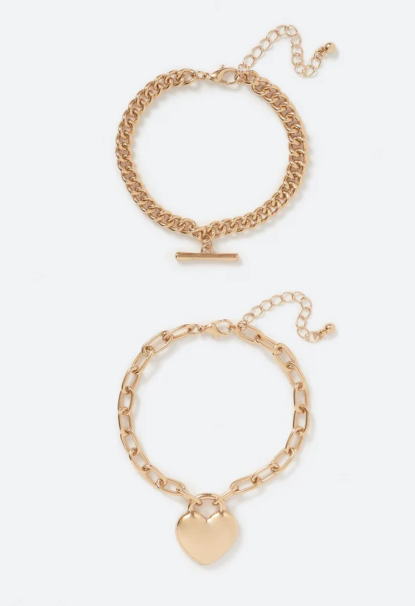 2-Pack Bria Heart and T-Bar Chain Bracelet Set