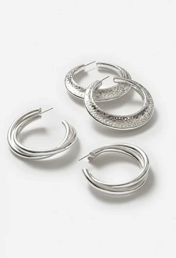 2-Pair Nyra Lightweight Hoops in Hammered Metal and Twist Designs - Image 3
