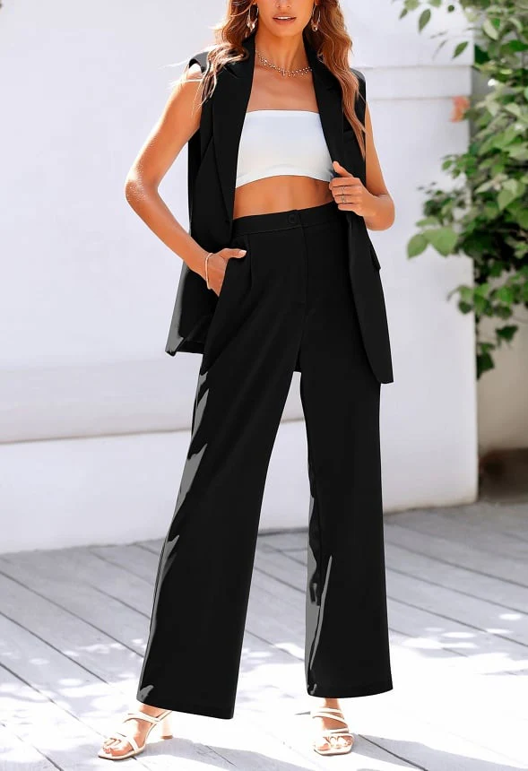 2-Piece Blazer  Suit Vest and Wide Leg Pants  Set - Image 2