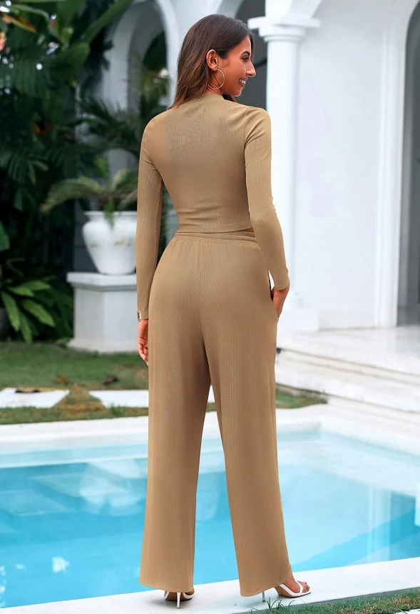 2-Piece  Long Sleeve Crop Top and Wide Leg Palazzo Pant Loungewear Set - Image 3