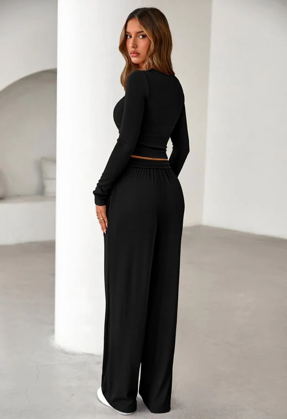 2-Piece Long Sleeve Henley Top and Wide Leg Pants Set - Image 3