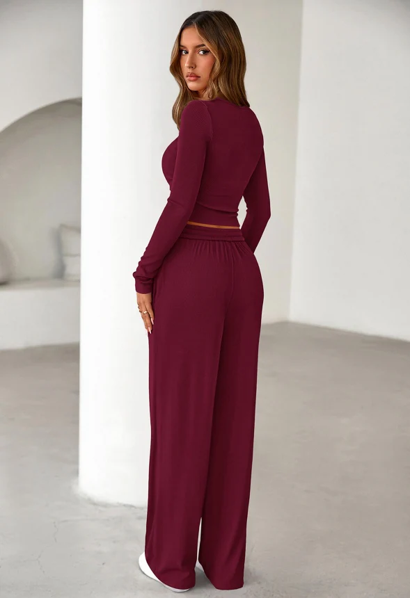 2-Piece Long Sleeve Henley Top and Wide Leg Pants Set - Image 3