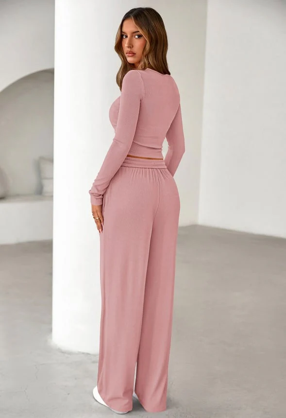2-Piece Long Sleeve Henley Top and Wide Leg Pants Set - Image 3