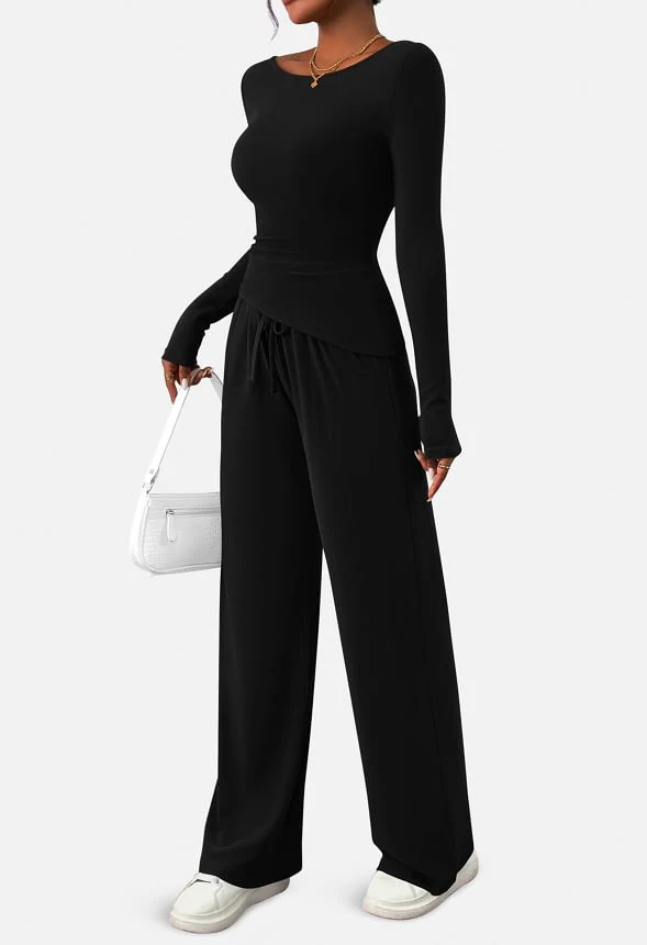 2-Piece  Sets Asymmetrical Long Sleeve and  Wide Leg Pants Lounge Set - Image 2
