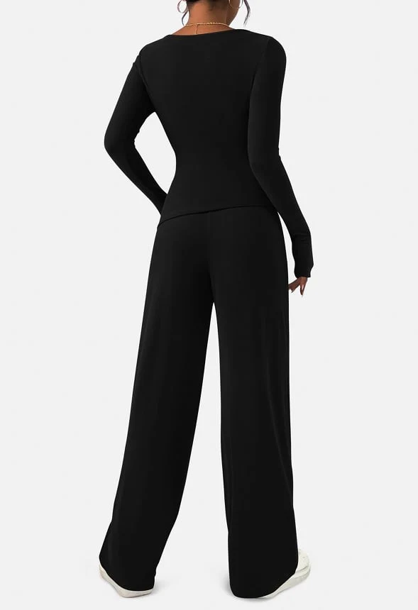2-Piece  Sets Asymmetrical Long Sleeve and  Wide Leg Pants Lounge Set - Image 3