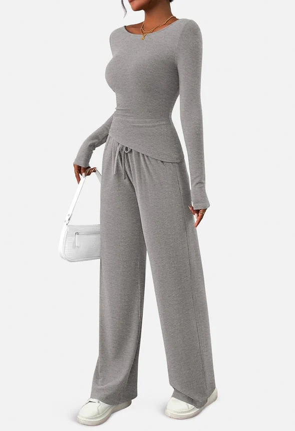 2-Piece  Sets Asymmetrical Long Sleeve and  Wide Leg Pants Lounge Set - Image 2