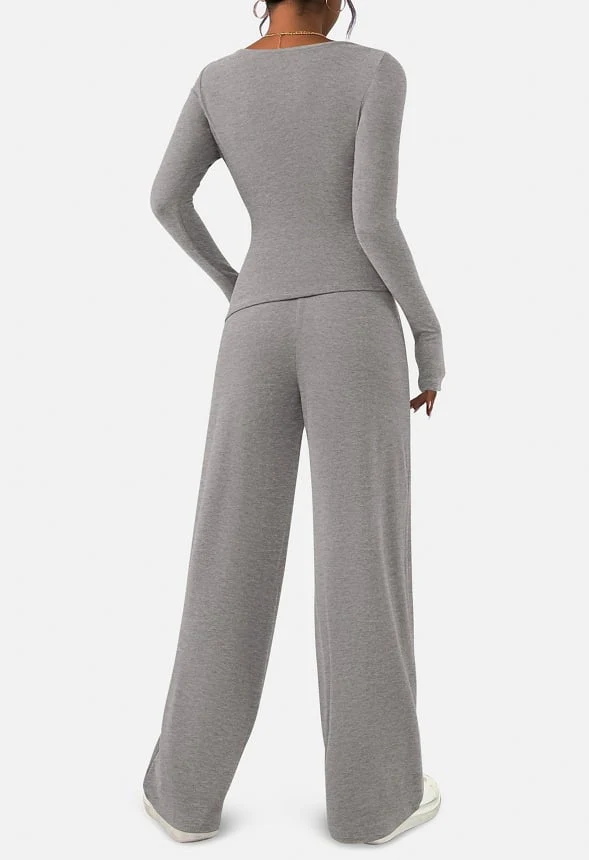 2-Piece  Sets Asymmetrical Long Sleeve and  Wide Leg Pants Lounge Set - Image 3