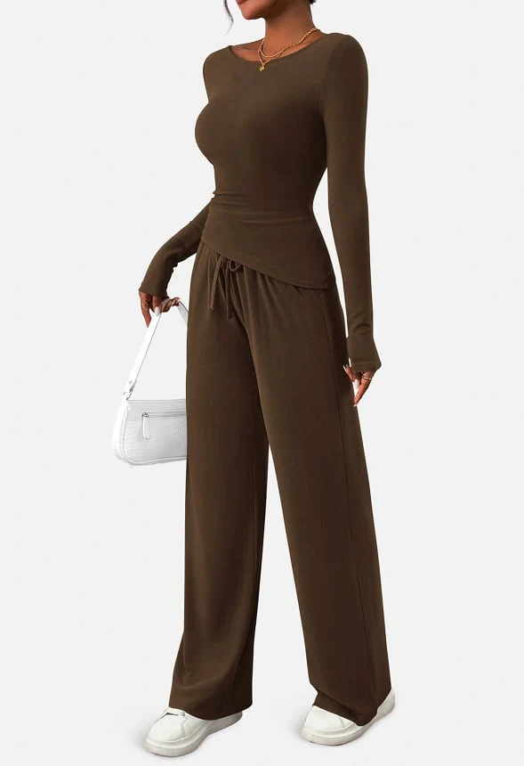 2-Piece  Sets Asymmetrical Long Sleeve and  Wide Leg Pants Lounge Set - Image 2