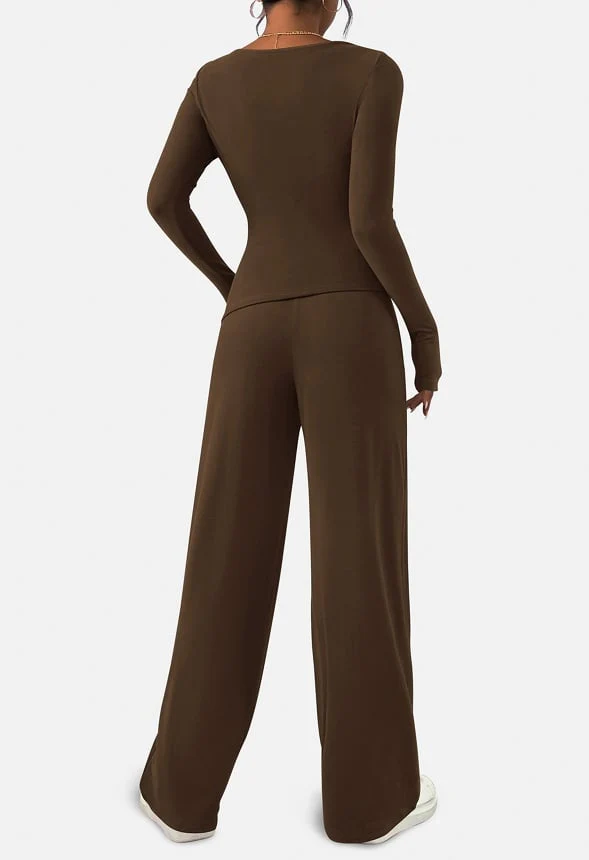 2-Piece  Sets Asymmetrical Long Sleeve and  Wide Leg Pants Lounge Set - Image 3
