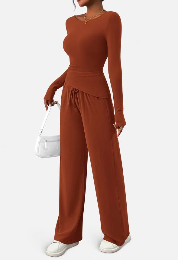 2-Piece  Sets Asymmetrical Long Sleeve and  Wide Leg Pants Lounge Set - Image 2
