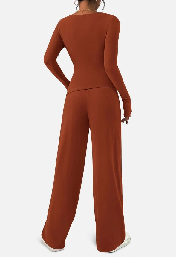 2-Piece  Sets Asymmetrical Long Sleeve and  Wide Leg Pants Lounge Set - Image 3