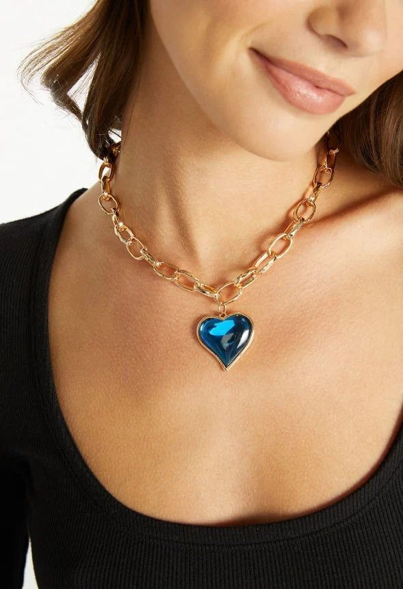2-Row Mara Link Chain Necklace With Heart Drop - Image 2