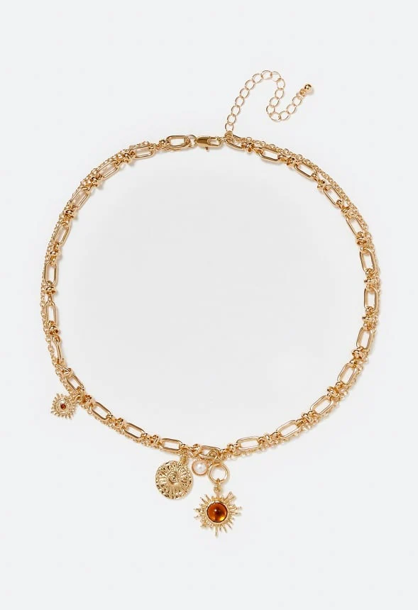 2-Row Sky Chain Necklace With Brown Inlay Sun Drop - Image 2