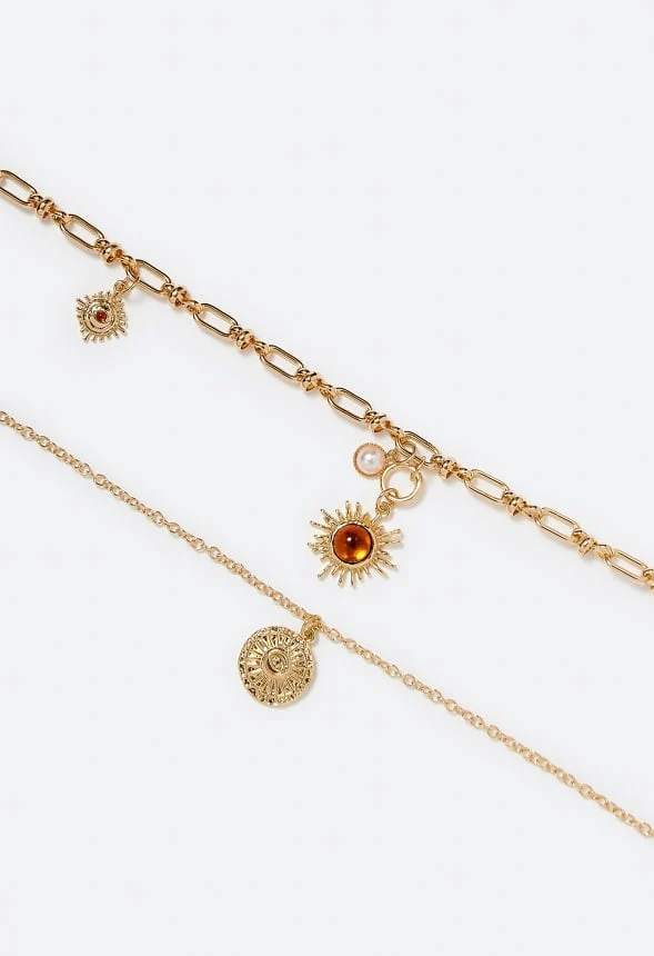2-Row Sky Chain Necklace With Brown Inlay Sun Drop - Image 3