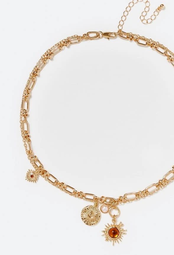 2-Row Sky Chain Necklace With Brown Inlay Sun Drop - Image 4