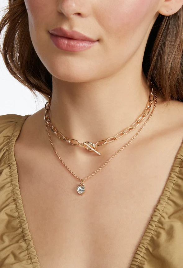 2-Rows Rue Oval Chain With T-Bar And Glass Heart Necklace - Image 2