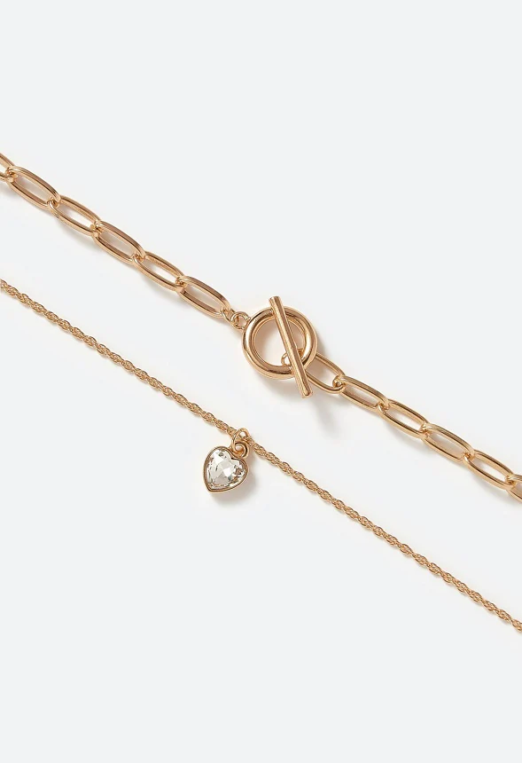 2-Rows Rue Oval Chain With T-Bar And Glass Heart Necklace - Image 3