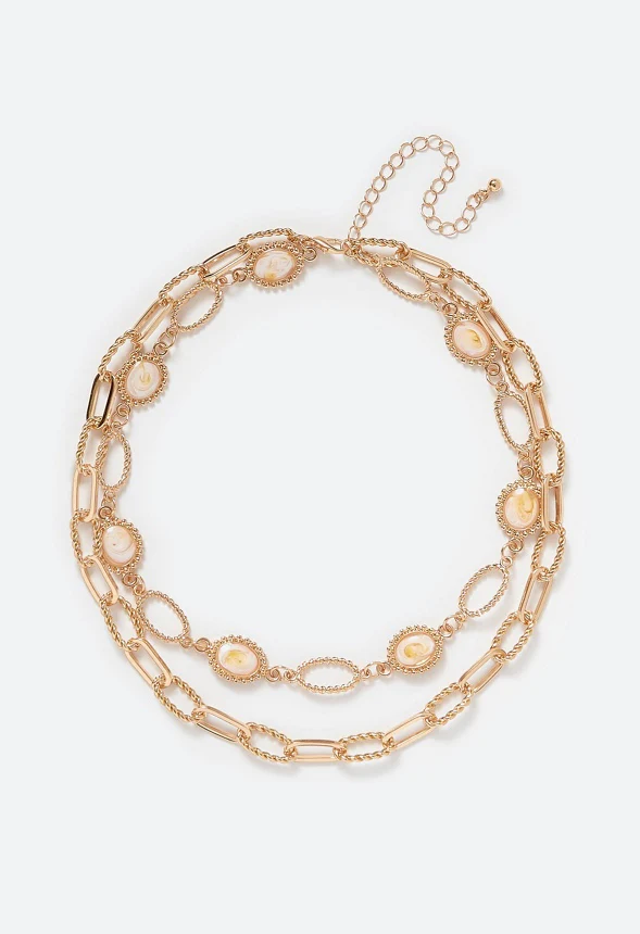 2-Rows Sia Oval Link Chain And Resin Inlay Beads Necklace - Image 2