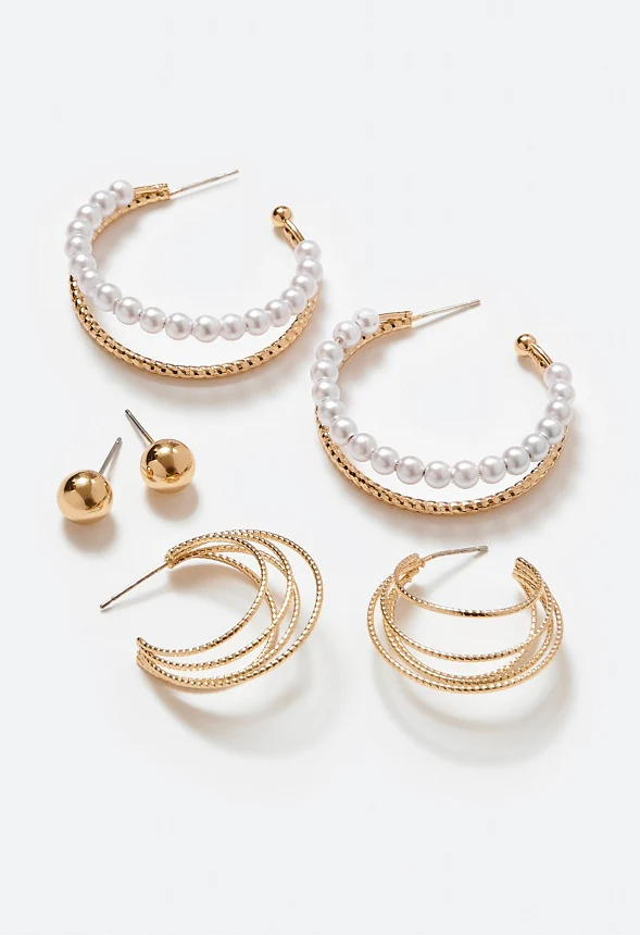3 Pair Ada Mix Hoops and Domed Stud Earrings Pack - Image 3