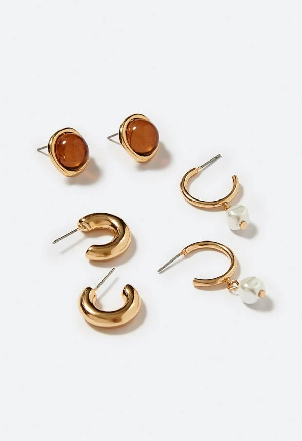 3-Pair Kira Mixed Stud & Hoops With Smooth Stone & Pearl Details - Image 2