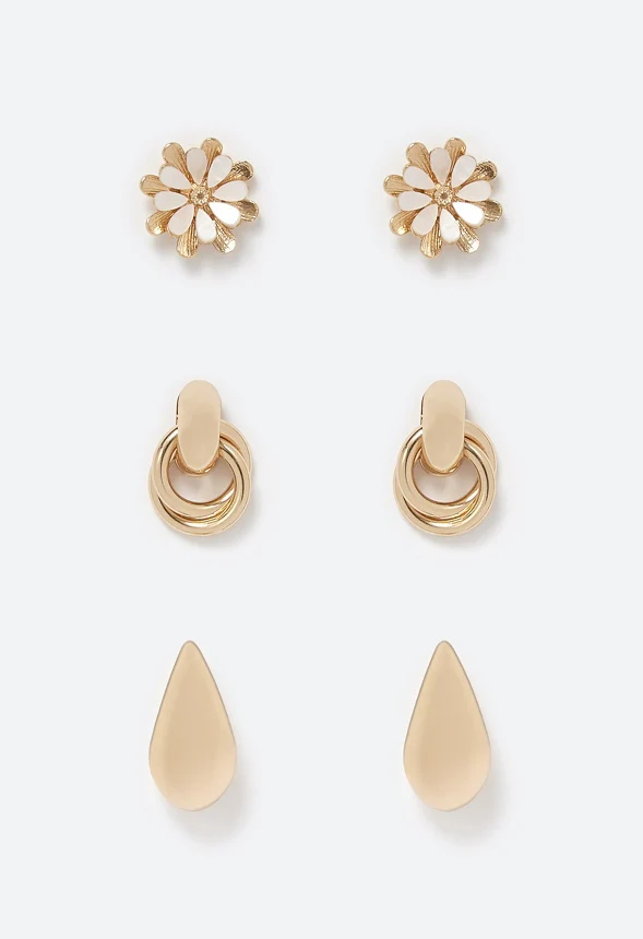 3-Pair Luz Molten Teardrop Door Knocker & Flower Studs Earrings