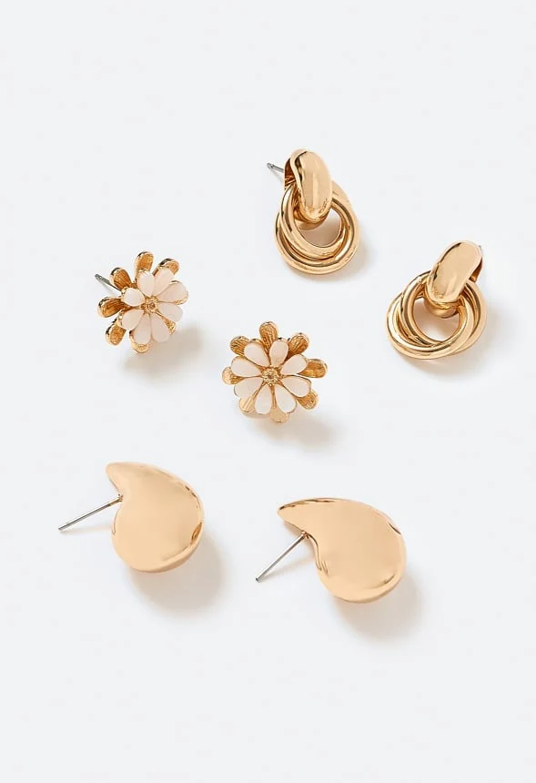 3-Pair Luz Molten Teardrop Door Knocker & Flower Studs Earrings - Image 3