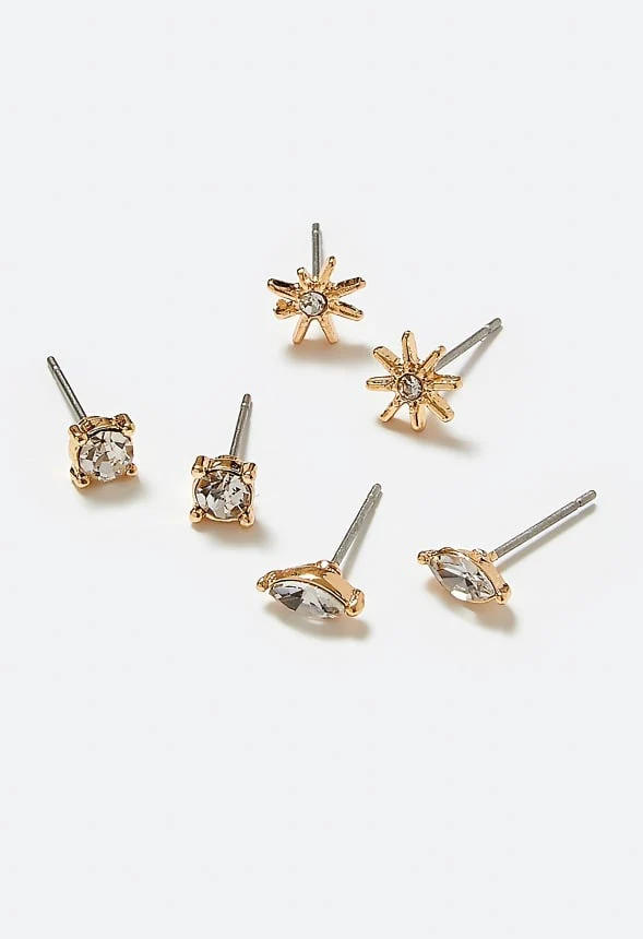 3-Pair Mia Glass Stones Fine Stud Earrings Pack - Image 3