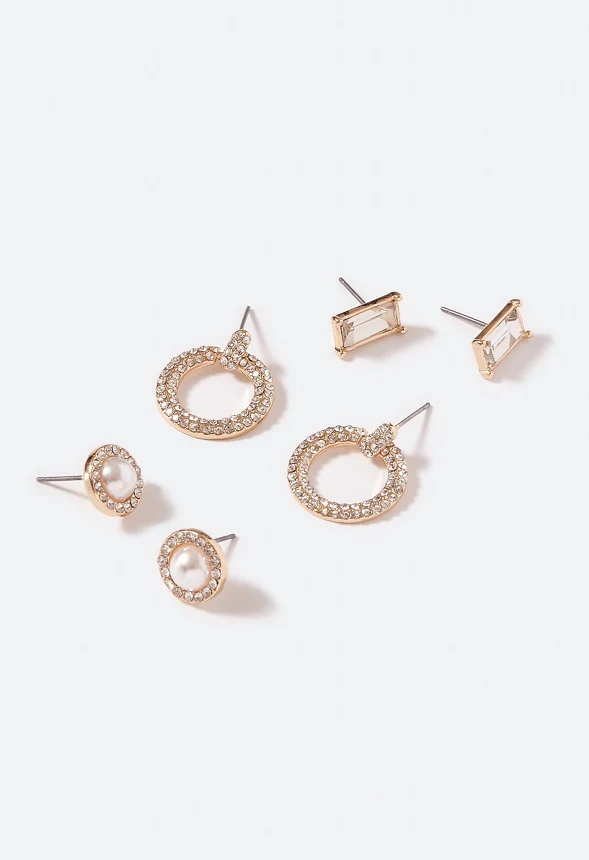 3-Pair Pack Egypt Rhinestone & Pearl Stud Earrings - Image 3