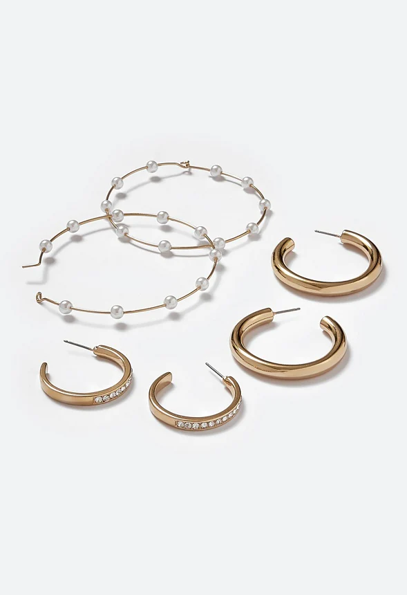 3-Pair Pack Keyla Glass Pearls And Stones Hoop Earrings - Image 3