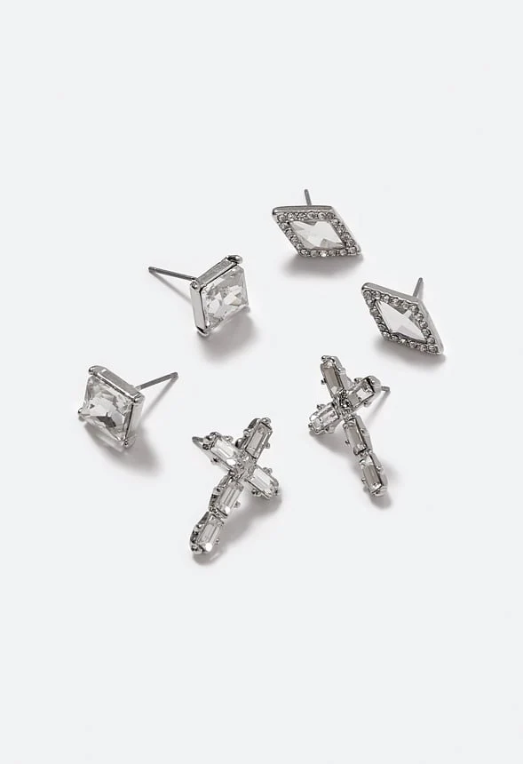 3-Pair Pack Olivia Glass Stone Cross Stud Earrings - Image 3