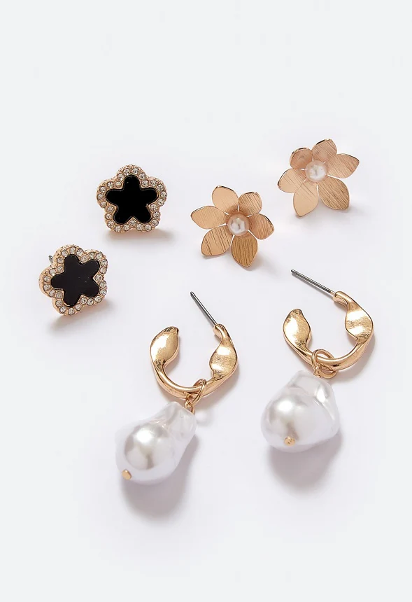 3-Pairs Demi Pack Mixed Studs And Pearl Hoops Earrings - Image 3