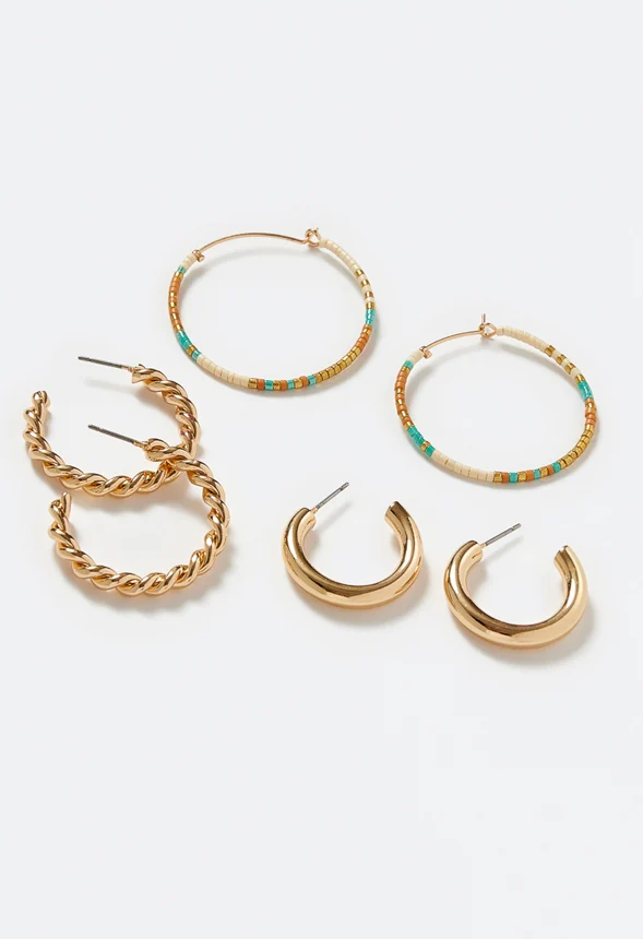 3-Pairs Pack Iara Mix Hoop Earrings With Glass Beads - Image 3