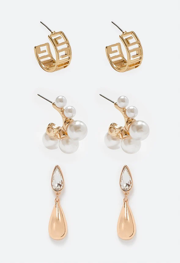 3-Pairs Pack Zya Geometric And Pearl Hoops And Glass Earrings