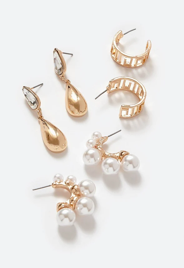 3-Pairs Pack Zya Geometric And Pearl Hoops And Glass Earrings - Image 3