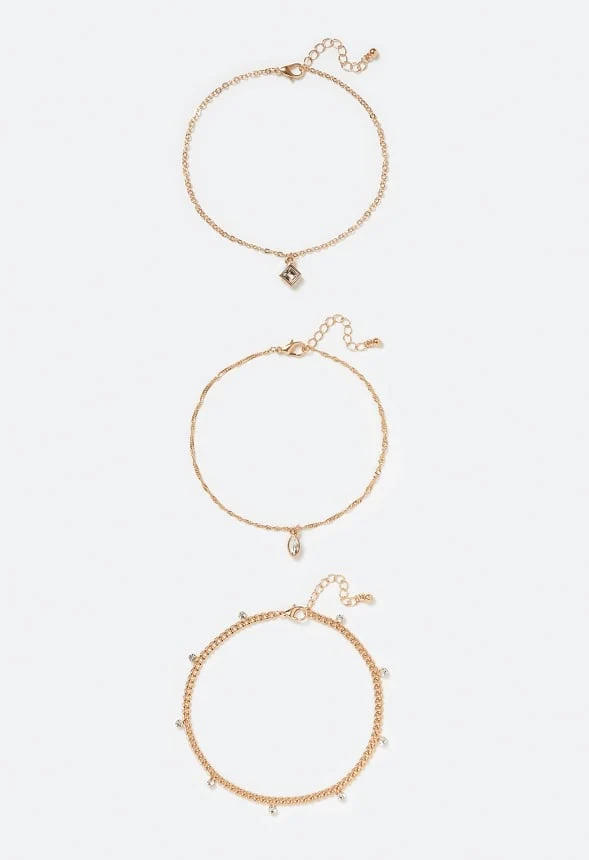3-Piece Mira Glass Stones Drops and Square Charm Anklet - Image 2