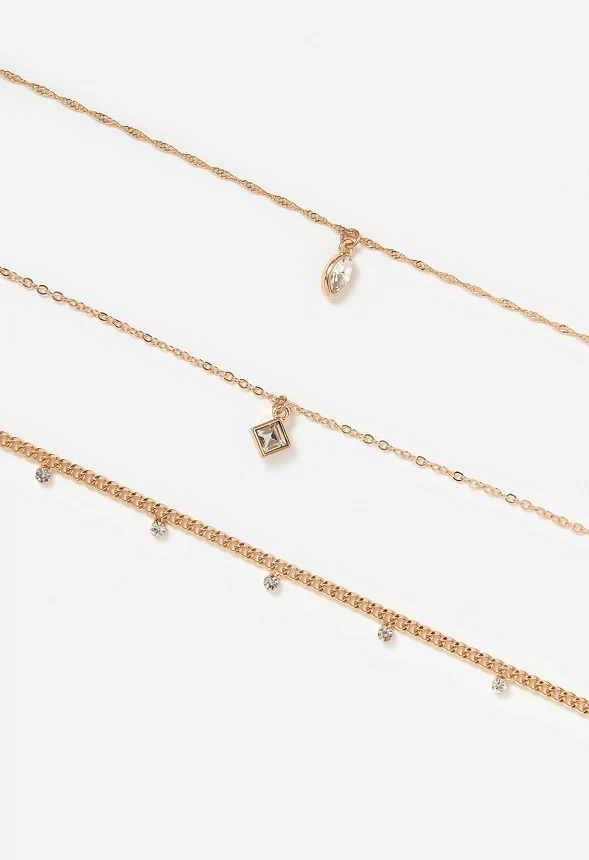 3-Piece Mira Glass Stones Drops and Square Charm Anklet - Image 3