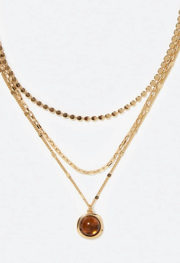 3-Row Mila Layered Necklace With Smooth Stone Set Drop - Image 2