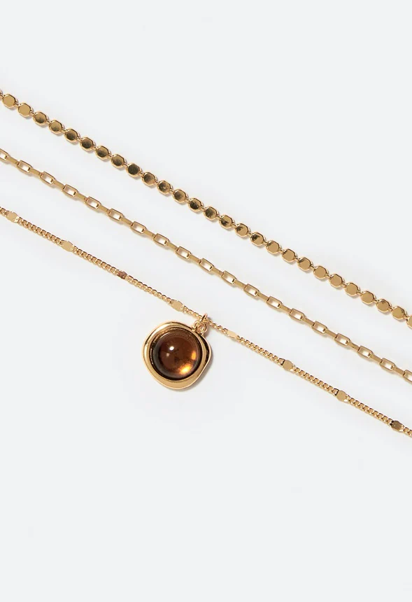 3-Row Mila Layered Necklace With Smooth Stone Set Drop - Image 3