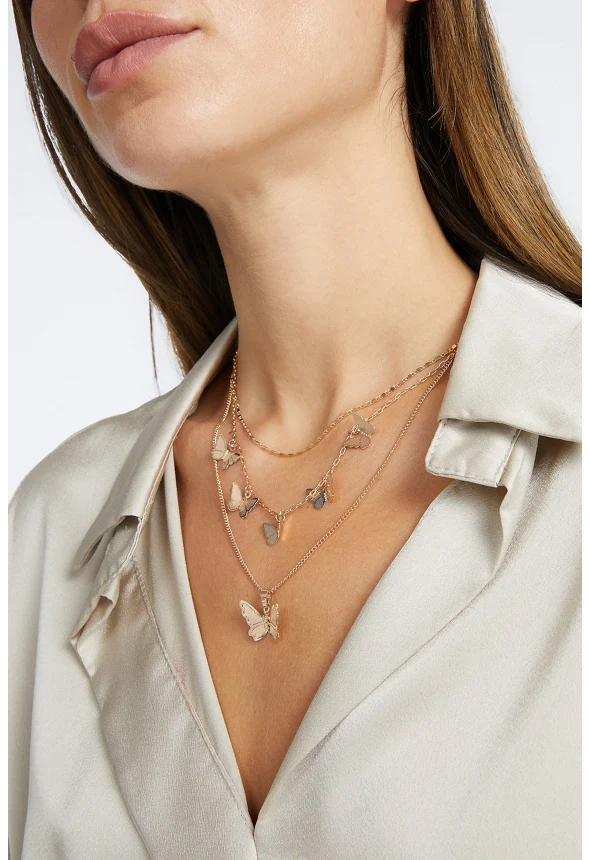 3-Row Nyla Fine Brass Detail Butterfly Necklace - Image 2
