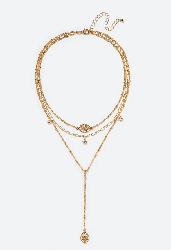 3-Rows Ivy Filigree Charm And Glass Stone Crystal Y Necklace - Image 2
