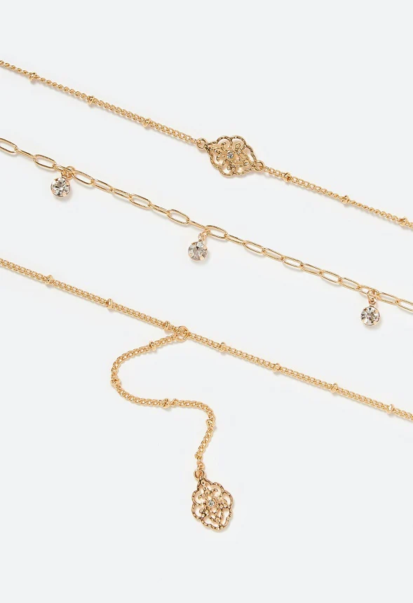 3-Rows Ivy Filigree Charm And Glass Stone Crystal Y Necklace - Image 3