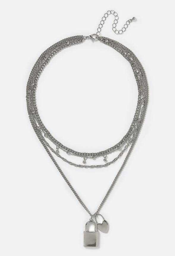 3-Rows Mara Mix Chain Necklace With Rhinestone Locket and Heart Pendant