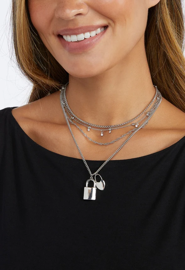 3-Rows Mara Mix Chain Necklace With Rhinestone Locket and Heart Pendant - Image 2