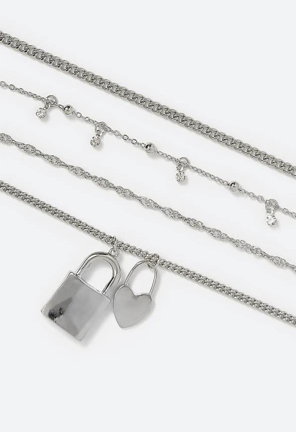 3-Rows Mara Mix Chain Necklace With Rhinestone Locket and Heart Pendant - Image 3