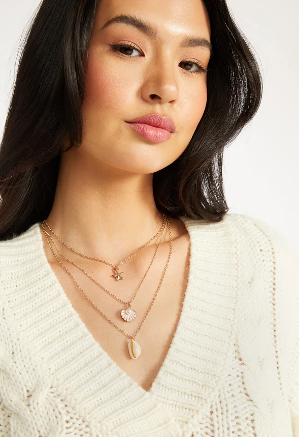 3-Rows Zoya Shell And Starfish Necklace With Pearl