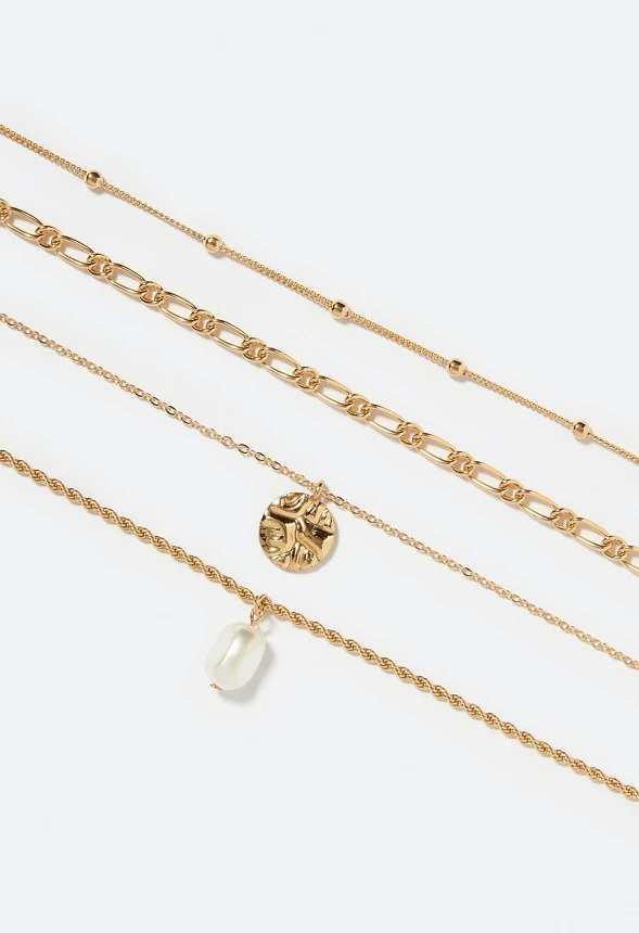 4-Row Leah Layered Necklace With Disc And Pearl Drops - Image 2