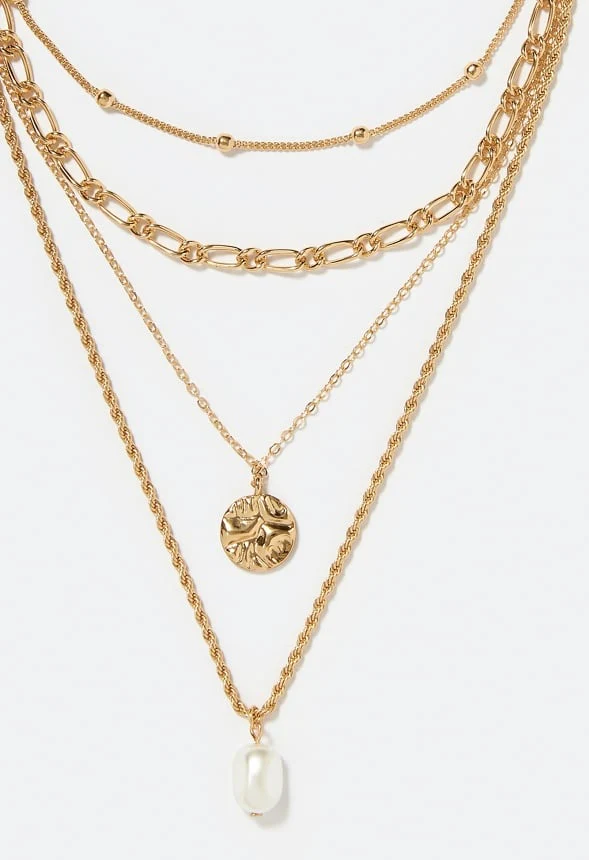 4-Row Leah Layered Necklace With Disc And Pearl Drops - Image 3
