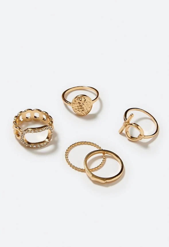 6-Mixed Anya Rhinestone And Organic Metal Rings Set - Image 2