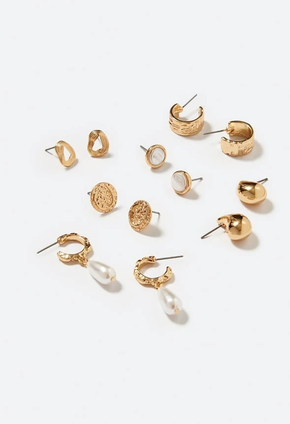 6-Pair Gia Mixed Stud and Hoop Earrings With Pearl Detail - Image 2