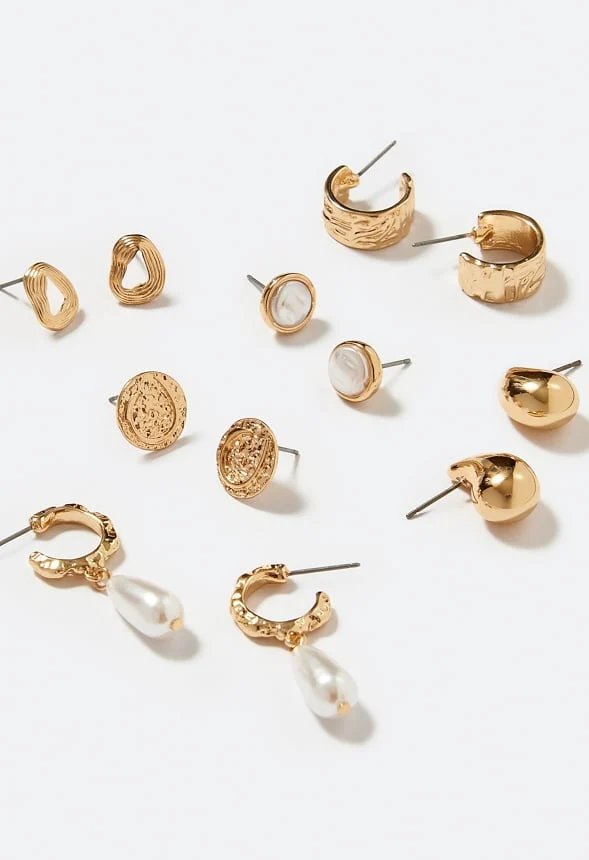 6-Pair Gia Mixed Stud and Hoop Earrings With Pearl Detail - Image 3